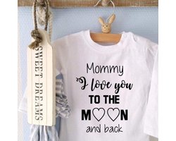 Rompertje baby tekst cadeau eerste moederdag tekst mama Mommy I love you to the moon and back | Lange mouw | wit zwart | maat 74/80 |  cadeau zwangerschap aankondiging mama's liefste worden voor verjaardag I love allerliefste cadeautje kind Valentijn