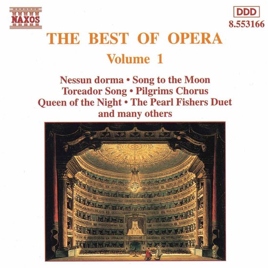 Cover van de "THE BEST OF OPERA Volume 1" CD met een tekening van een theater van binnenuit met veel loges en een kroonluchter.