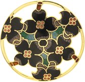 Behave® Broche goud-kleur rond met bloemen zwart - emaille sierspeld -  sjaalspeld