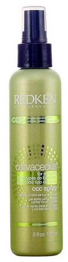 Lichtgroene spuitfles met donkerblauwe dop. Bevat het Redken Curvaceous CCC spray logo.