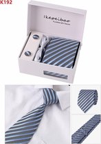 Elegante Stropdas Set in Geschenkdoos - inclusief Manchetknopen, Pochet en Dasspeld - K192 - Grijs/Blauw