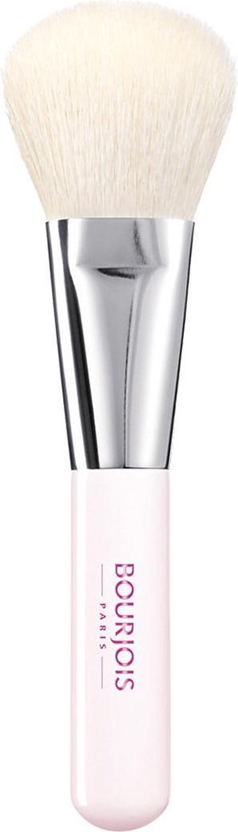 Brede witte make-upkwast met een lichtroze handvat met het logo 'BOURJOIS PARIS'.