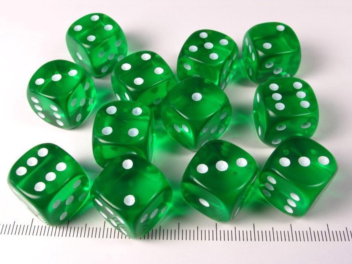 Chessex Doorschijnend Groen/wit D6 16mm Dobbelsteenset (12 stuks)