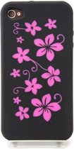 Zacht rubberen zwarte backcase met roze bloemen voor iPhone 4 en 4S