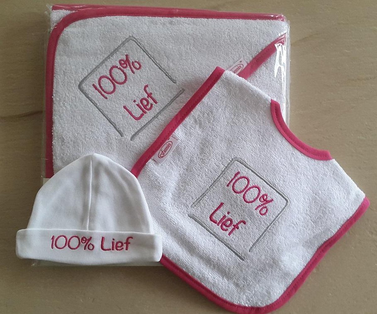Goedkoopste Funnies Babysetje 100 Lief Wit/Fuchia - badcape/slabbertje/mutsje