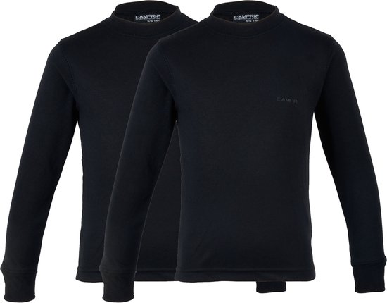 Twee zwarte thermoshirts met lange mouwen, beide met ronde hals en het Campri logo op de borst.