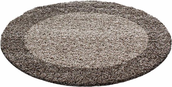 Flycarpets Candy Shaggy Vloerkleed - 200cm - Lijstmotief Taupe - Rond