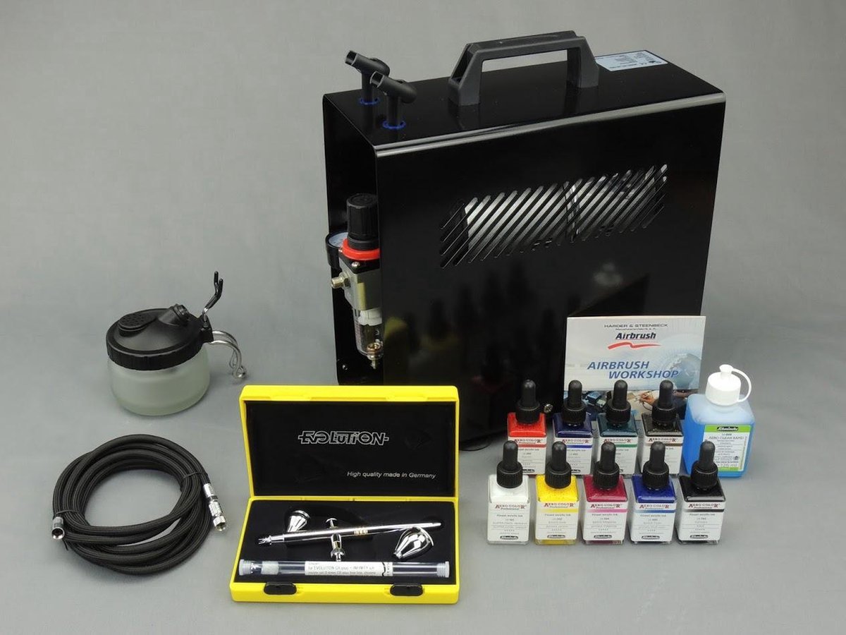 Harder & Steenbeck Airbrush set Evolution CR plus Two in One met 9 Aero color basiskleuren
