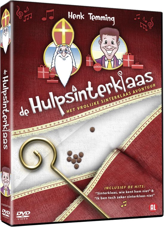 DVD-hoes van 'De Hulpsinterklaas Avontuur' met Henk Temming. Sint Nicolaas en een cartoonfiguur met cadeautjes. Een staf en kruidnoten liggen op de stof.
