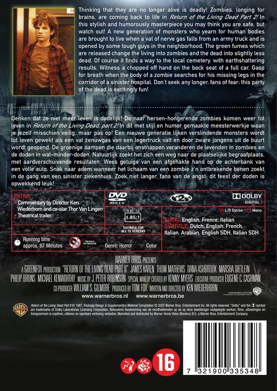 De achterkant van de "Return of the Living Dead Part II" DVD toont een man met een donkere jas en een geel hemd. De film is een horrorfilm van 1988.