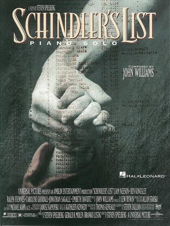 De poster van Schindler's List toont twee handen in elkaar gevouwen, met de titel van de film en muziek in wit en goud.