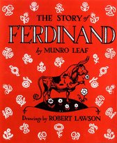 De cover van het boek 'The Story of Ferdinand' met een stier die een bloem ruikt, omringd door witte bloemenpatronen op een rode achtergrond.