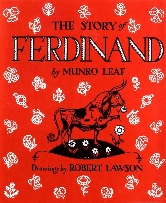 De cover van het boek 'The Story of Ferdinand' met een stier die een bloem ruikt, omringd door witte bloemenpatronen op een rode achtergrond.