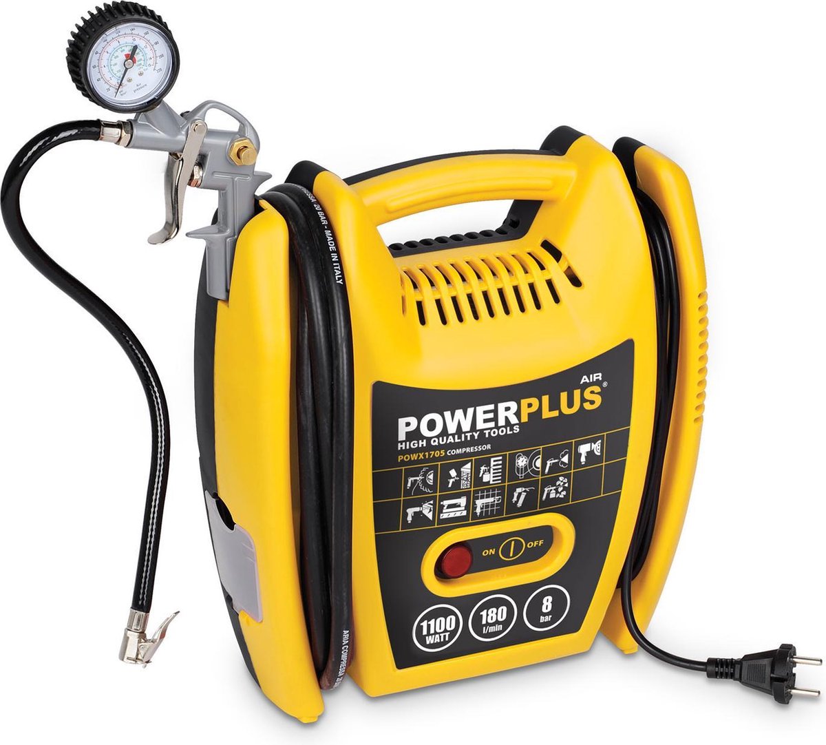 Powerplus POWX1705 Compressor - Luchtcompressor - 1100W - 8 bar - 3m slang - Incl. 8 accessoires - Powerplus