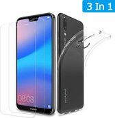 Huawei P20 Lite Hoesje Transparant TPU Siliconen Soft Case + 2X Tempered Glass Screenprotector