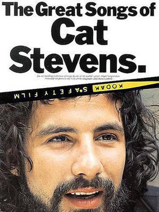 Boekcover met de titel "The Great Songs of Cat Stevens". Close-up van Cat Stevens met donker haar en baard.