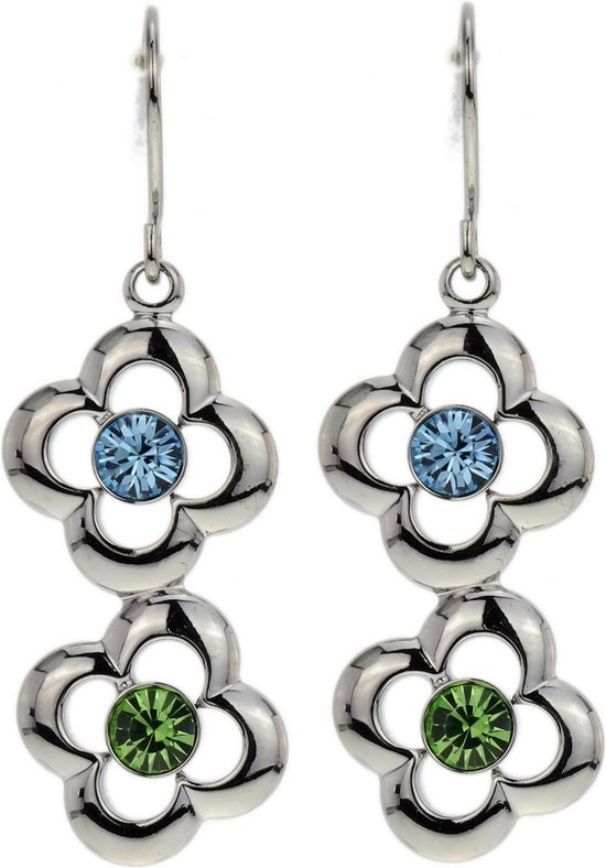 Oorbellen hangers bloem zilver kleur met blauw en groene stenen | bol