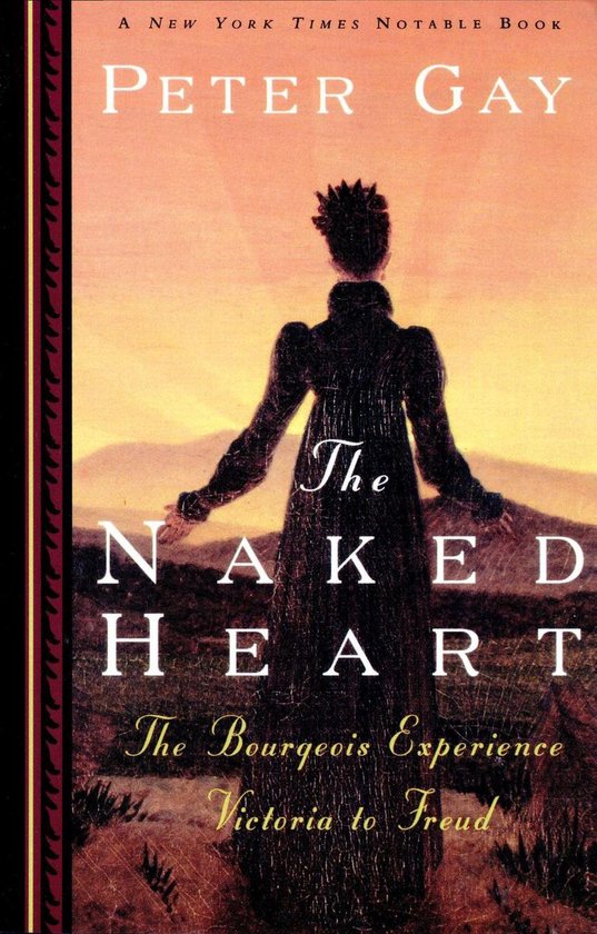 Boekomslag van 'The Naked Heart' door Peter Gay. Een vrouw in een zwarte jurk staat met haar rug naar de kijker, met haar armen gespreid. Zonsondergang op de achtergrond.
