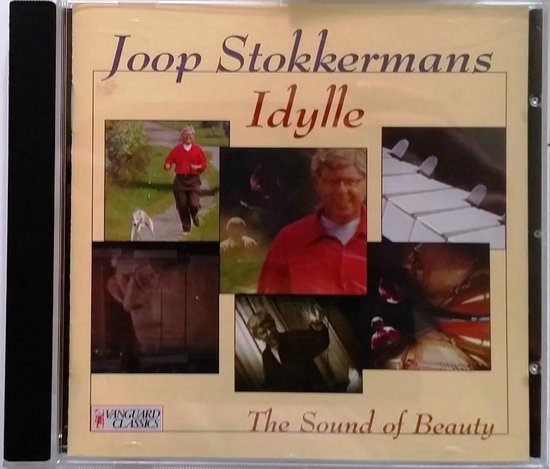 CDhoes Joop Stokker maan Idylle, The Sound of Beauty met collage van foto's van rennende man, pianosleutels en een vlinder.