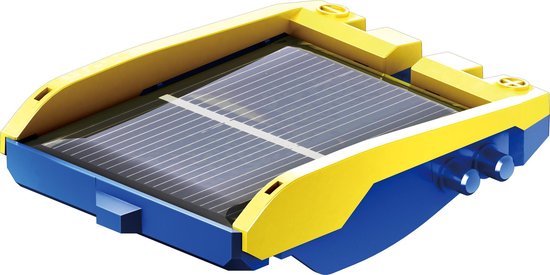 Een blauw en geel zonnepaneel met twee gele knoppen aan de zijkant.