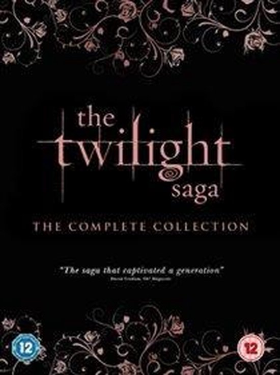 The Twilight Saga The Complete Collection DVD-hoes met roze rozen en bladeren op een zwarte achtergrond.
