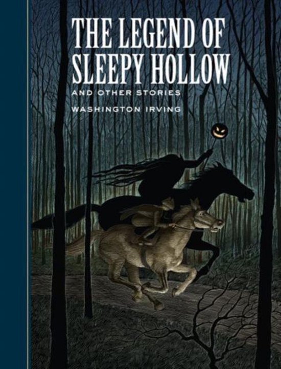Couverture du livre The Legend of Sleepy Hollow, avec un cavalier sur un cheval dans une forêt.