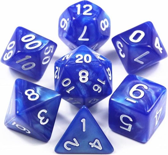 Afbeelding van het spel Polydice 7 Dobbelstenenset Blauw Wit in Dice Bag