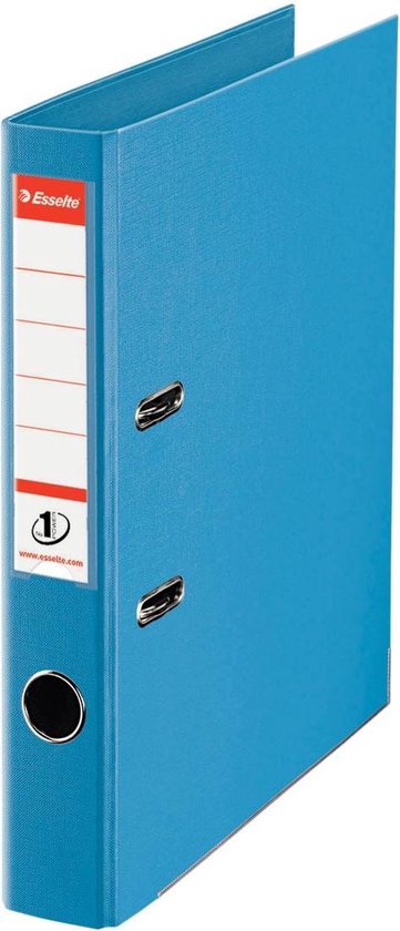 Classeur Esselte bleu clair, avec porte-étiquette et mécanisme à anneaux.