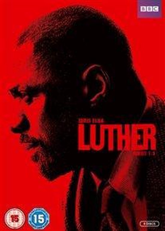 Luther - Seizoen 1-3 DVD-hoes met een close-up van Idris Elba's gezicht in rood.