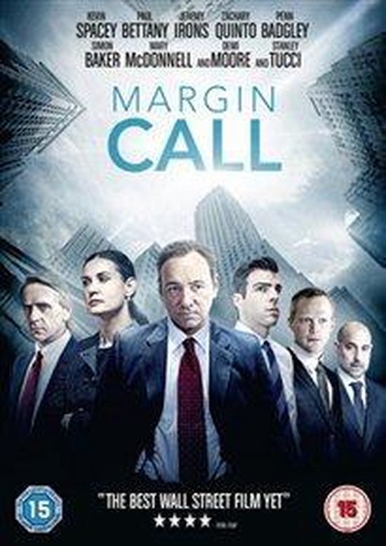 Filmcover van Margin Call met Kevin Spacey en andere acteurs, met wolkenkrabbers op de achtergrond.