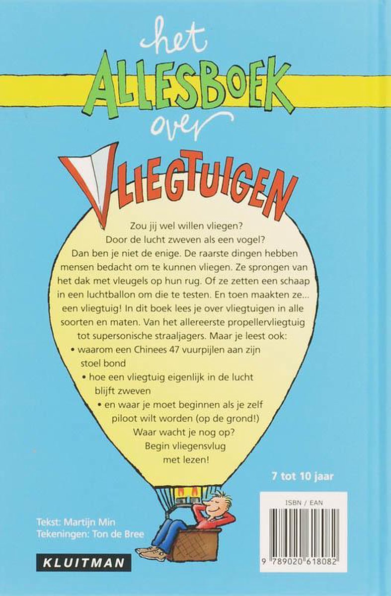Achterkant boek 'Het Allesboek over Vliegtuigen' met tekst en illustratie van een luchtballon met man en vogel.