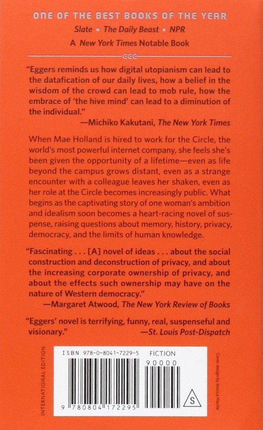 Achterkant van het boek 'The Circle', met recensies, ISBN en uitgeversinformatie.