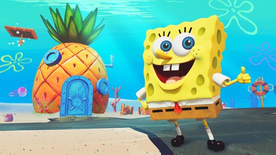 SponsBob SquarePants, een gele spons, geeft een duim omhoog bij zijn ananas huis.