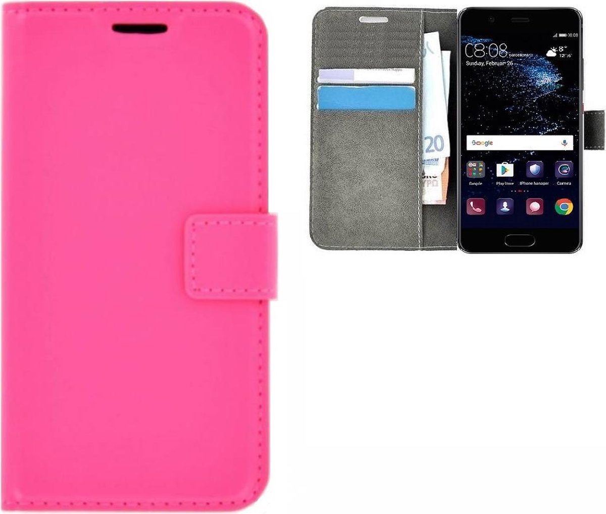 Roze Effen Wallet Bookcase Hoesje Geschikt voor Huawei P10