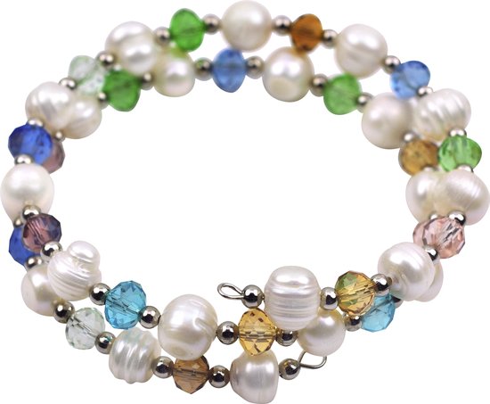 Zoetwater parel armband Multi Glass Pearl - echte parels - multi color - wikkelarmband