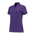 Paarse dames poloshirt met korte mouwen, kraag en knoopjes.