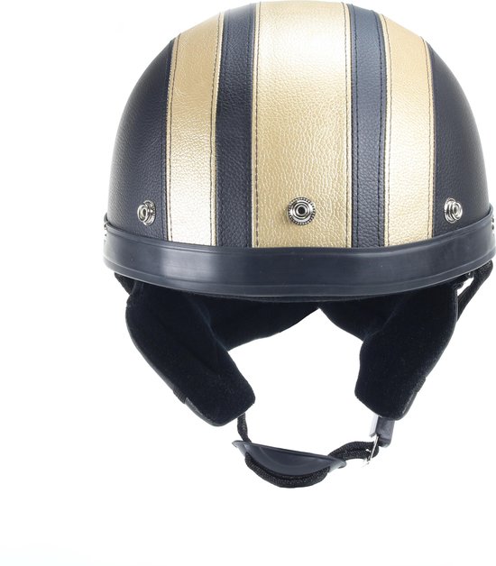 Vintage zwart goud leren pothelm + chrome motorbril motor