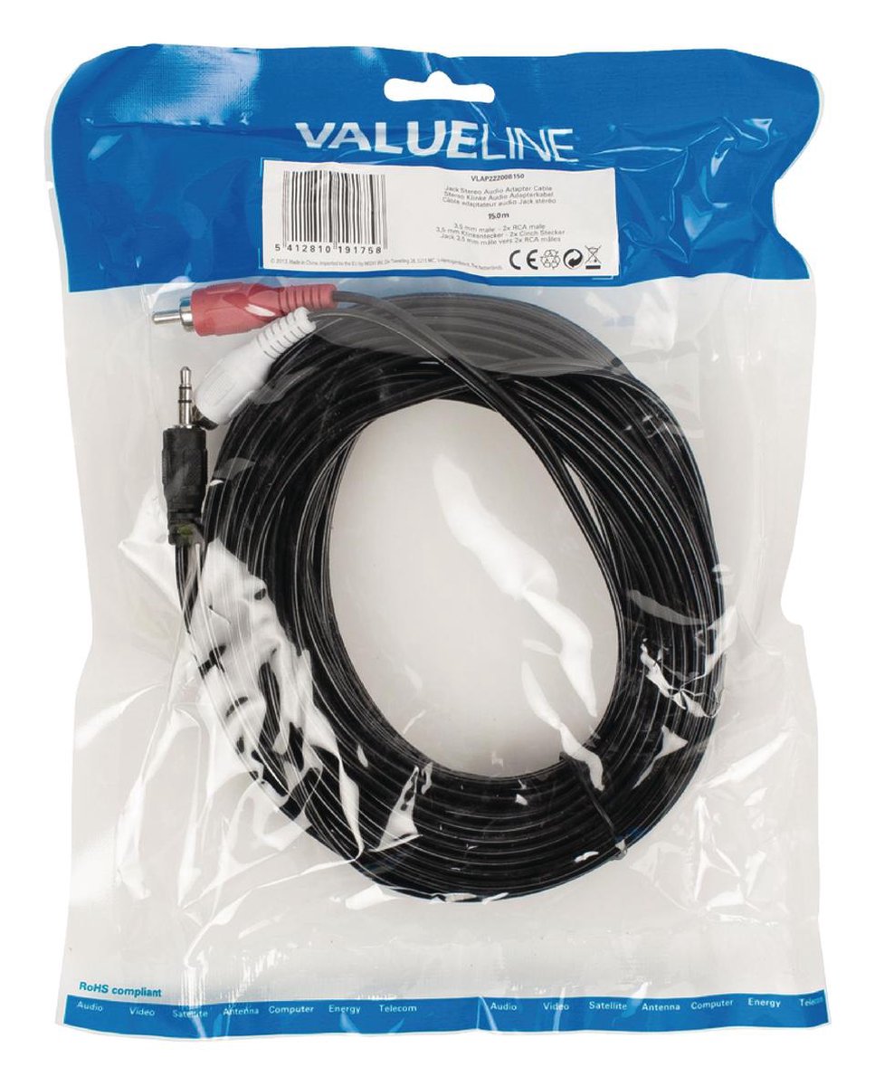Valueline 3,5mm Jack - Tulp stereo audio kabel - zwart - 15 meter | bol.com