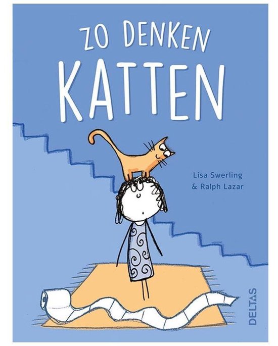 Boekomslag 'Zo denken katten' met een kat bovenop het hoofd van een persoon.