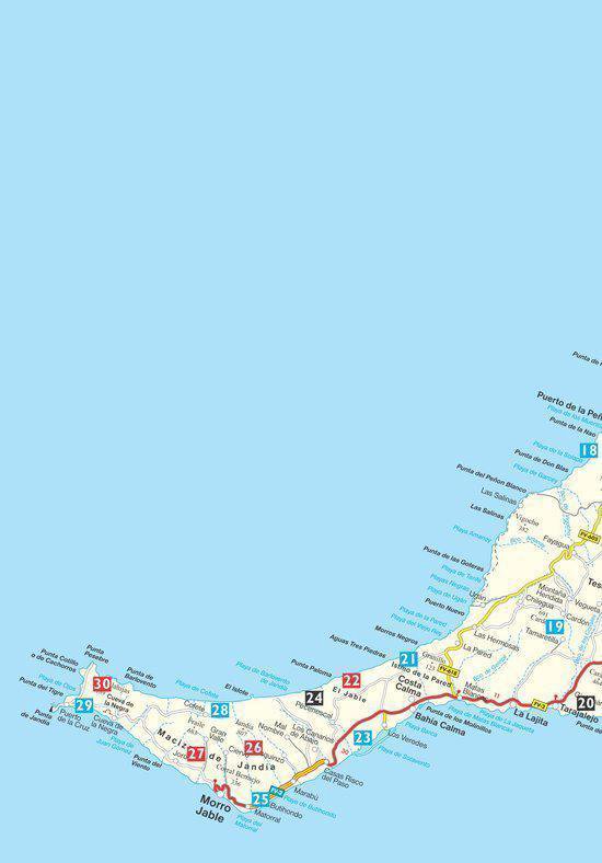 Gedetailleerde kaart van Fuerteventura met genummerde wandelroutes en plaatsnamen.