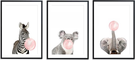 Posters Kinderkamer - 3 stuks - Posters Babykamer - Zebra Olifant - Koala - Roze Kauwgom - Dierenposters - Muurdecoratie - Kinderkamer Posters - Dieren Posters - Kinderkamer Decoratie - Dierenkoppen