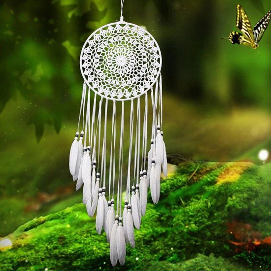 Handgemaakte Dromen Vanger - Dream Catcher - Indianen Deco Droomvanger Kralen Veren – Wit - 80CM