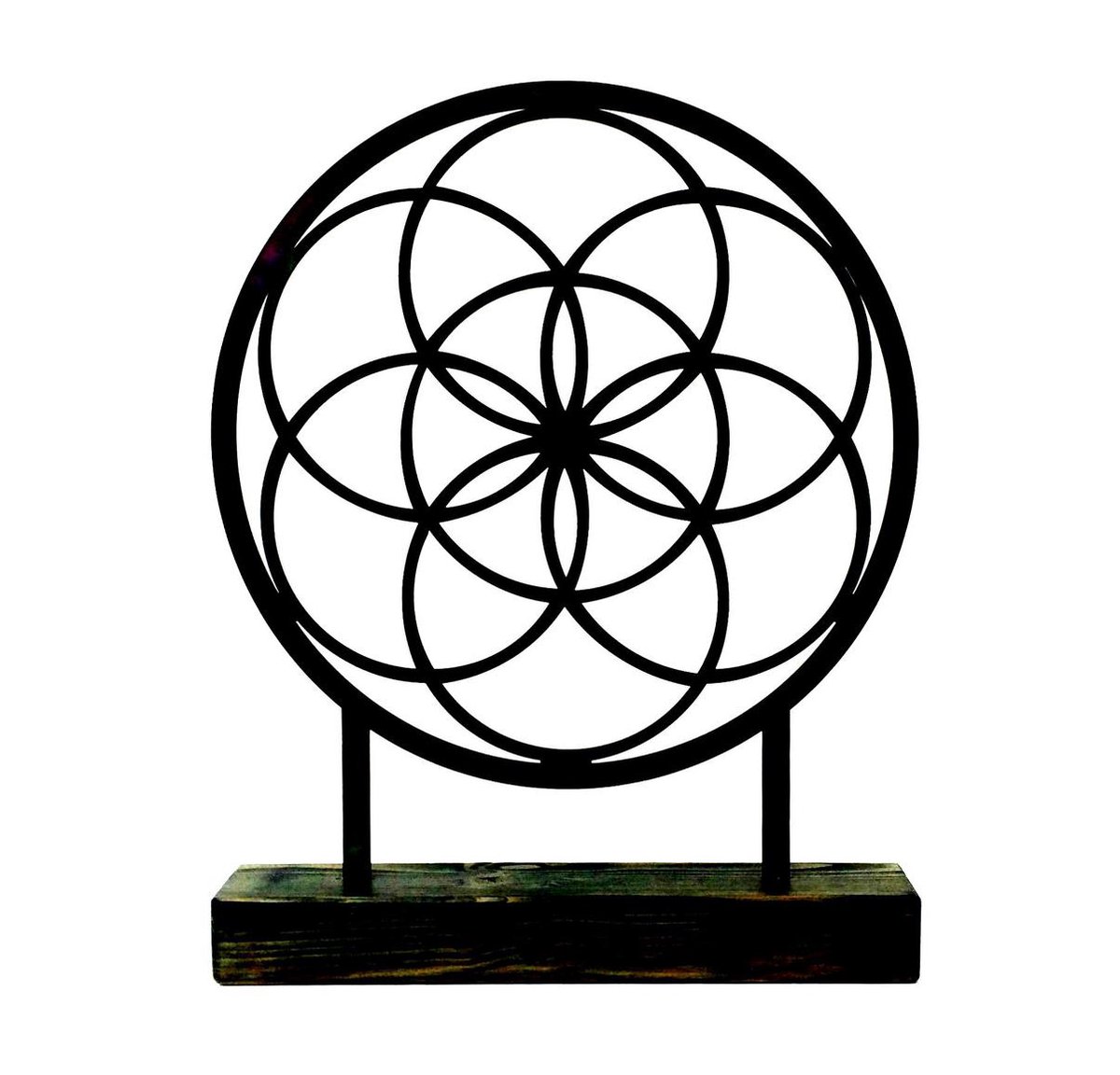 Staande woondecoratie – Seed of Life 35cm doorsnede – zwart gepoedercoat staal in massief houten sokkel - Nederlandse productie