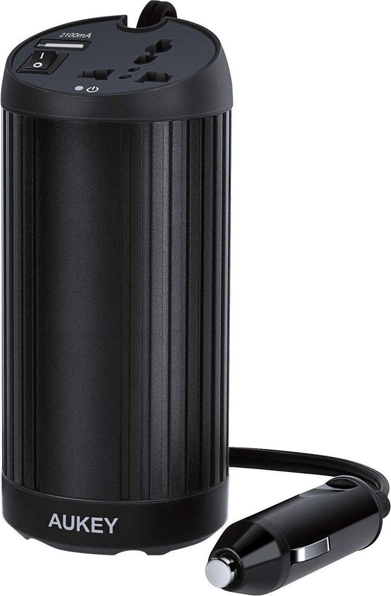 AUKEY 12V tot 230V auto-omvormer met een 5V 2.1A USB-poort, perfect voor reizen en autovakanties in