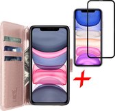 iphone 11 hoesje - iphone 11 case roségoud book cover leer wallet - hoesje iphone 11 apple - iphone 11 hoesjes cover hoes - 1x iphone 11 screenprotector glas tempered glass screen
