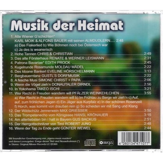 Albumhoes met de titel "Musik der Heimat" en een lijst van 16 nummers met artiesten.