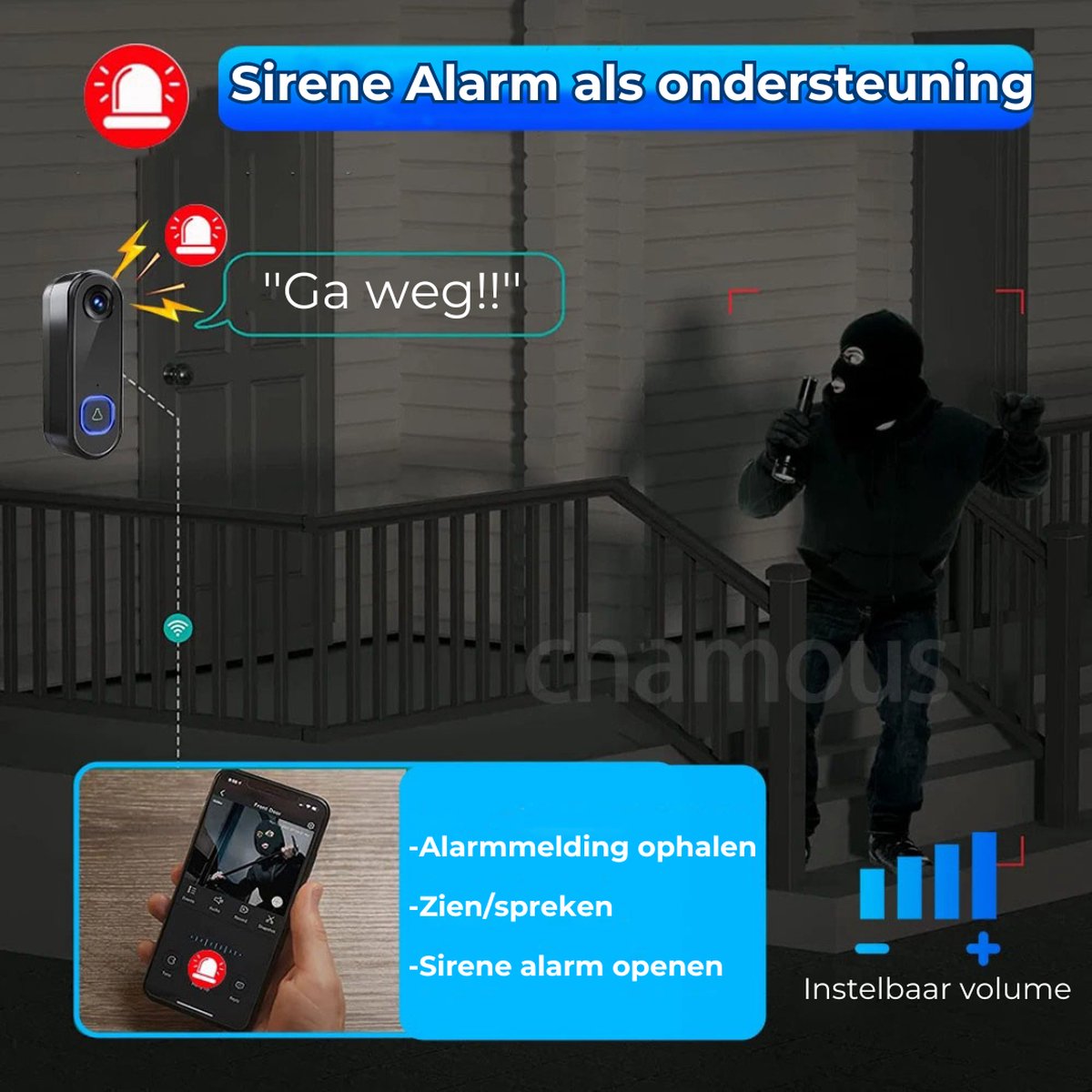 Afbeelding 3 van Deurbel met Camera en WiFi – 1 stuk - Deurbel met Ring Geluid – Slimme Deurbel Waterdicht – Beveiligingscamera met Nachtzicht – Sirene Alarm / Beweging Detectie / Meldingen – Geen Batarijen - Zwart