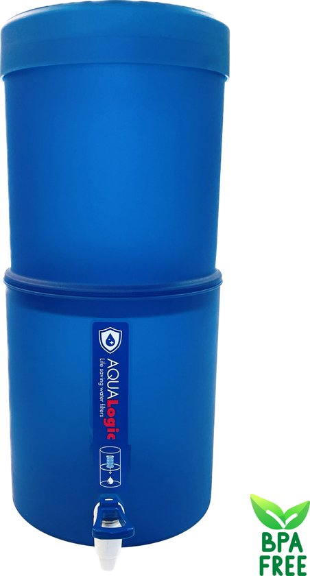 AQUA Logic Gravity Blue CS-Ultra zwaartekrachtwaterfilter met twee blauwe 10 liter reservoirs