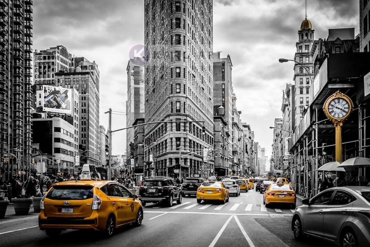 karo-art Schilderij - Gele taxi in zwart en wit New York, zwart wit geel , 2 maten , Wanddecoratie, Premium print, stevig verpakt Multikleur