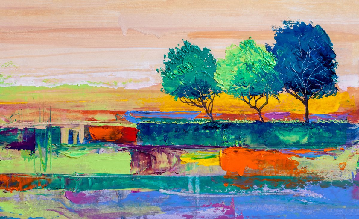 karo-art Schilderij - Gekleurde bomen (print van olieverf schilderij) , Multikleur , 2 maten , Premium print